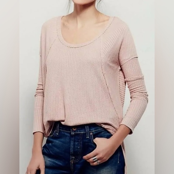 Free People Ventura High/Low Light Thermal Waffle Knit Long Sleeve Top Pink XS - Picture 1 of 4